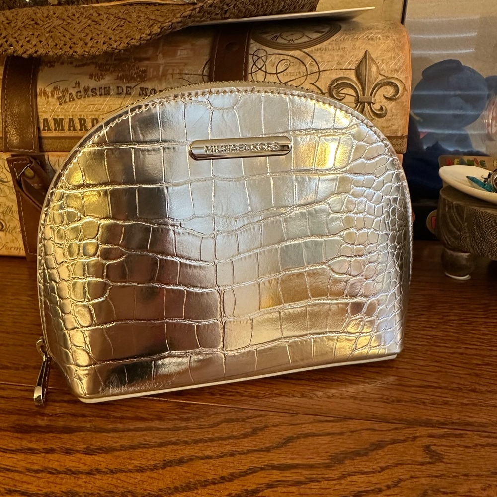 Michael Kors Metallic Silver Croc-Embossed Pouch